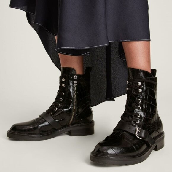 All Saints Embossed Crocodile Black Leather Combat Boots, Size 38 - Picture 3 of 10